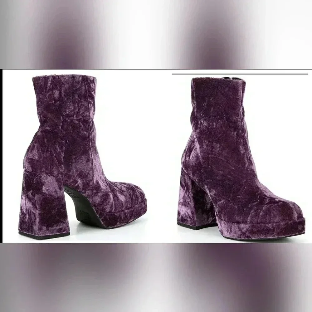 Funky Chunky Booties Boho Purple Velvet Retro Platform Block Heel New